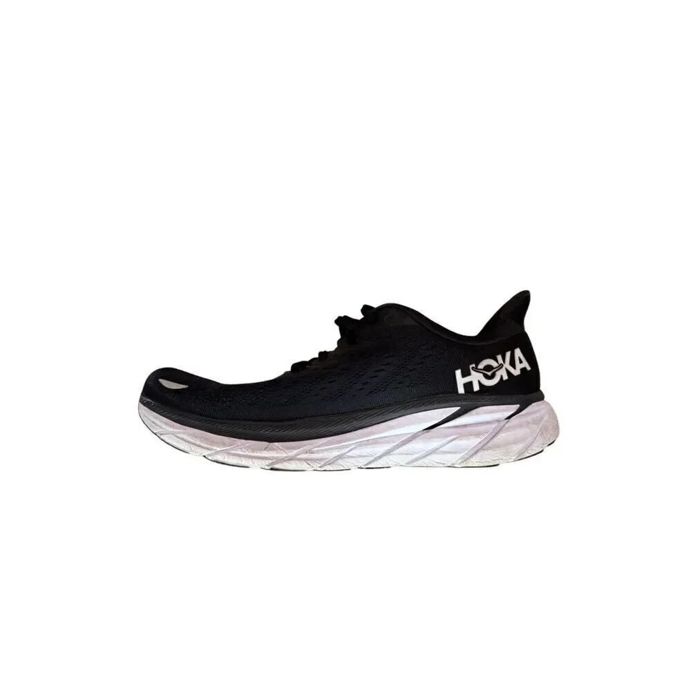Hoka One One Clifton 8 Mens Black White Lace Up Running Shoes Sneakers Size 10